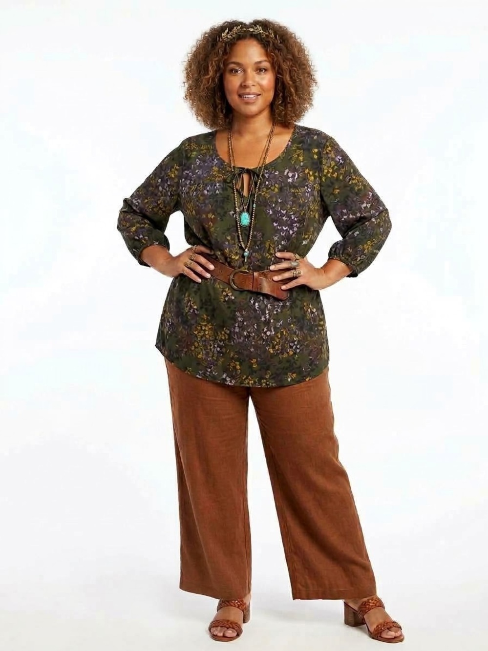 White Stag Black Floral Tie-Neck Blouse with Purple & Yellow Accents - XXL